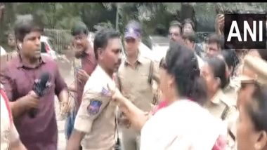 Renuka Chowdhury Holds Cop by His Collar in Hyderabad at Congress Protest Against Rahul Gandhi's ED Grilling