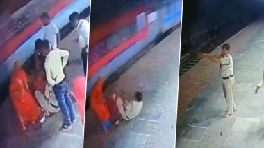 Saved By a Whisker! RPF Cop Rescues Elderly Woman From Being Run Over By Speeding Train in Uttar Pradesh; Watch Viral Video
