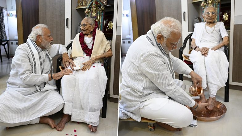 PM Narendra Modi Meets Mother Hiraben Modi in Gandhinagar As She Turns 100 Today (See Pics)