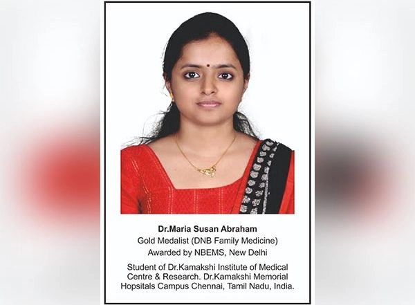 Dr Maria Susan Abraham, Tamil Nadu Student of DNB Family Medicine, Declared Gold Medalist by NBEMS, New Delhi