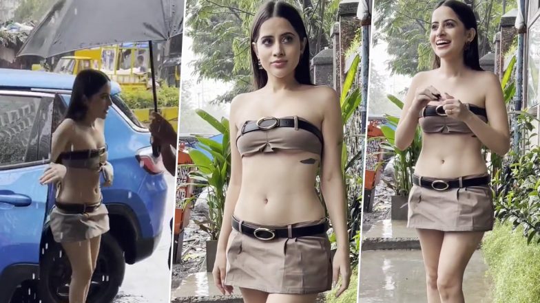 Urfi Javed Picks a Belted Themed Skimpy Outfit for Her Outing on Rainy Day (Watch Video)