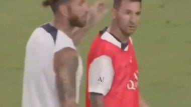 Lionel Messi Gives Death Stare to Sergio Ramos After Spanish Footballer Tackles Him During PSG Training (Watch Video)