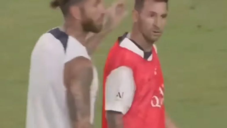 Lionel Messi Gives Death Stare to Sergio Ramos After Spanish Footballer Tackles Him During PSG Training (Watch Video)