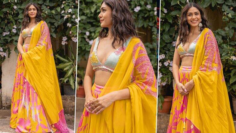 Mrunal Thakur Looks Ethnic Chic in Yellow and Pink Lehenga; View Stylish Pics of Sita Ramam Actress!