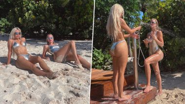 Kim Kardashian and Khloe Kardashian Flaunt Their Hourglass Figure As They Pose in Sexy Silver Bikini and Swimsuit on a Beach (View Pics)