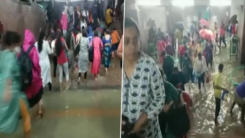 Navi Mumbai: People Wade Through Water After Heavy Rain Causes Waterlogging at Khandeshwar Railway Station (Watch Video)