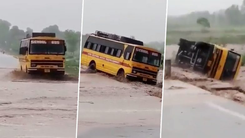 Uttarakhand Floods: School Bus Washed Away in Flood Water in Champawat (Watch Video)