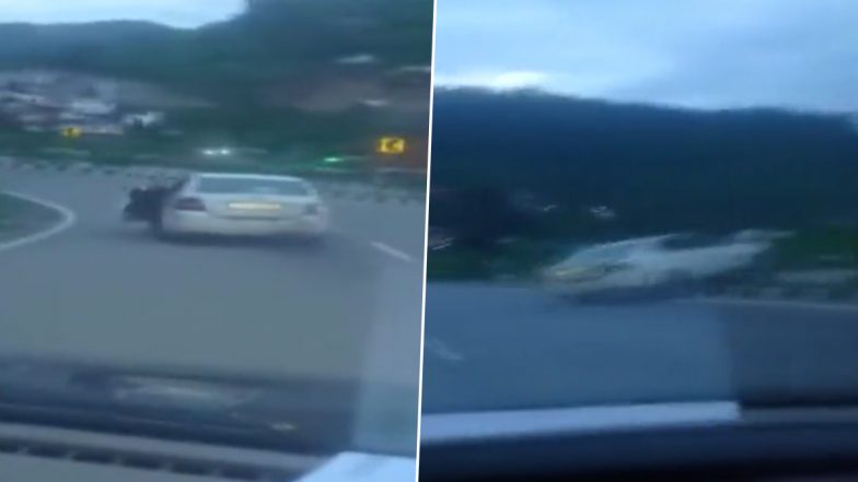 Himachal Pradesh: Failed Stunt Sends Speeding Car Jumping Over Divider, Colliding With Railing on NH-5 in Solan; Watch Video