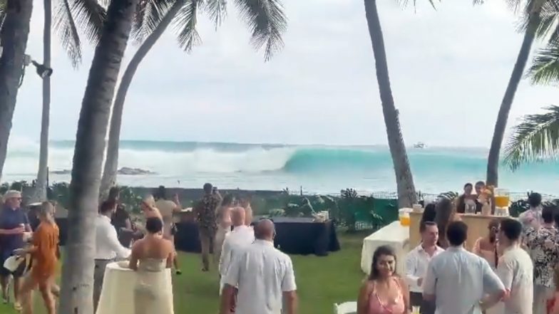 Giant Waves Crash into Seaside Wedding in Hawaii Knocking Down The Entire Ceremony Setup in a Split-Second! Watch Viral Video