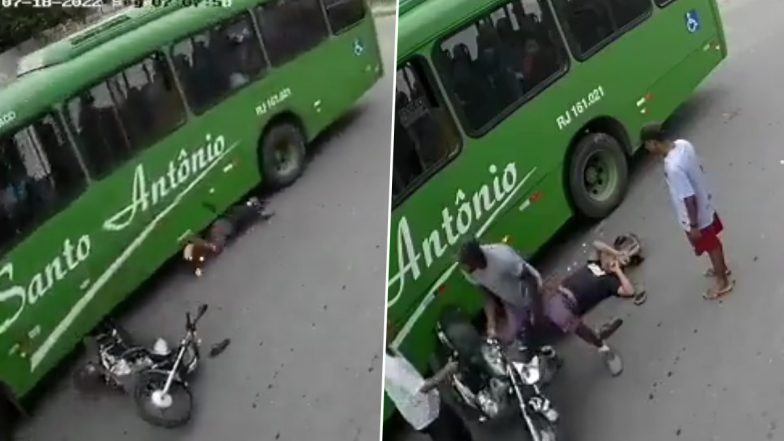 Life-Saving Helmet! Biker Dodges Death Even After His Head Comes Under Bus' Wheel in Viral Video 