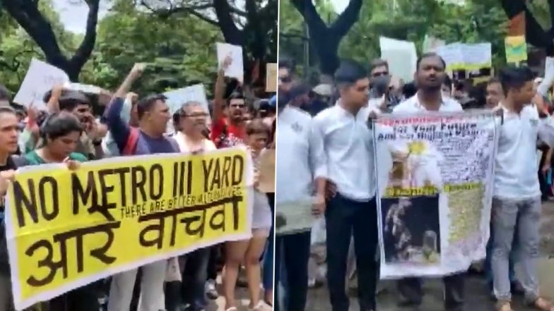 Mumbai: People Protest in Goregaon Against Maharashtra Govt's Decision To Build Metro Car Shed at Aarey Colony (Watch Video)