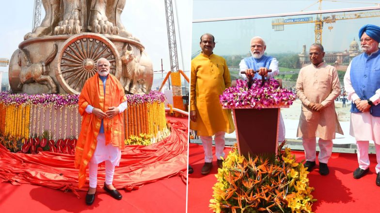 PM Narendra Modi Unveils Bronze National Emblem on Top of New Parliament Building (See Pics)