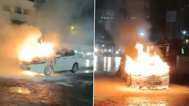 Mumbai Car Fire: Running Vehicle Catches Fire On Mira-Bhayandar Road, No Casualty Reported (Watch Video)