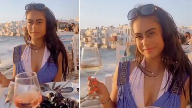 Nysa Devgan Poses With Glass of Wine As She Gorges on Delicacies While Enjoying Sunset (Watch Video)