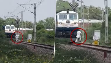 Trigger Warning! Haryana Man Hit by Speeding Train While Crossing Railway Tracks (Watch Video)