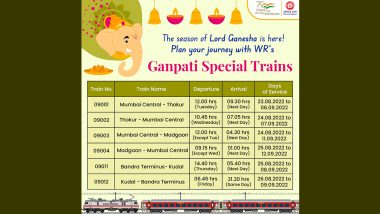 Ganpati Festival 2022 Special Trains: Western Railway To Run 60 Trips of 6 Pairs of Special Trains During Ganesh Chaturthi