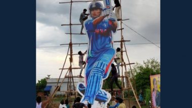 Ahead of MS Dhoni’s 41st Birthday Fans Make 41 Feet Cutout in Andhra Pradesh's Vijayawada