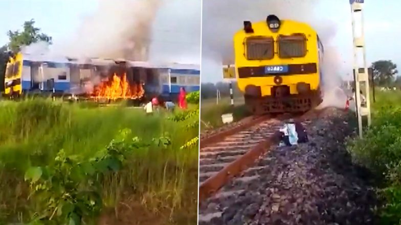 Bihar: Fire Breaks Out in Engine of DMU Train Near Bhelwa Railway Station (Watch Video)