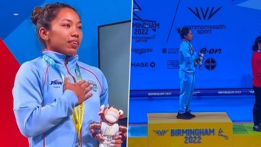 Mirabai Chanu Singing National Anthem Full Video: Watch Commonwealth Games 2022 Gold Medalist Take Podium As Indian Flag is Raised at Birmingham CWG