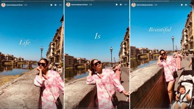 Kareena Kapoor Khan Nails Holiday Look in Tie-Dye Shirt and Shorts As She Poses With Son Jeh Ali Khan in Italy’s Ponte Vecchio (View Pics)