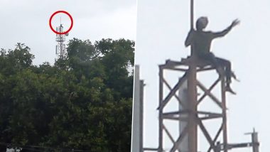 Drunken Man Stays Atop Mobile Tower for 4 Hours; Demands The Return of Estranged Wife from Her Maternal Home; Watch Viral Video