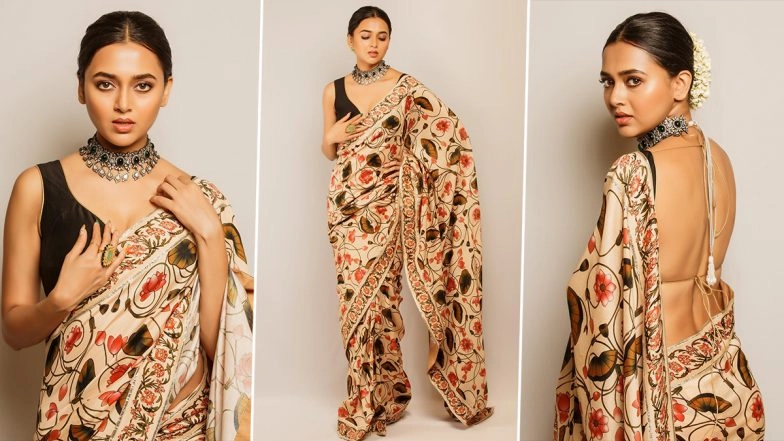 Tejasswi Prakash Looks Drop-Dead Gorgeous in Printed Saree and Backless Blouse