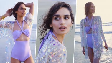 Manushi Chhillar Slays in a Lilac Swimsuit Paired With Holographic Shrug by the Beach (Watch Video)