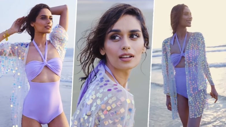 Manushi Chhillar Slays in a Lilac Swimsuit Paired With Holographic Shrug by the Beach (Watch Video)
