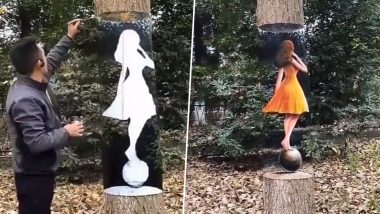 Artist Creates Mindblowing Optical Illusion By 3D Painting a Woman on Tree Trunk; Viral Video Wows Netizens 