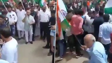 Nitin Patel, Former Gujarat Deputy CM, Attacked by Stray Cow During ‘Har Ghar Tiranga’ Rally in Mehsana; Watch Video