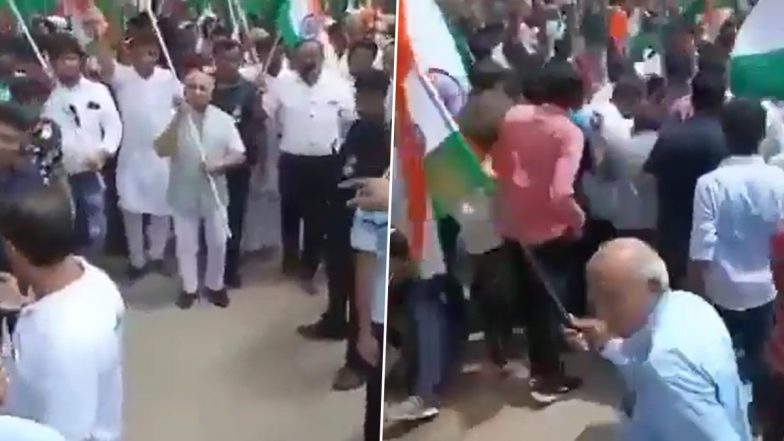 Nitin Patel, Former Gujarat Deputy CM, Attacked by Stray Cow During ‘Har Ghar Tiranga’ Rally in Mehsana; Watch Video