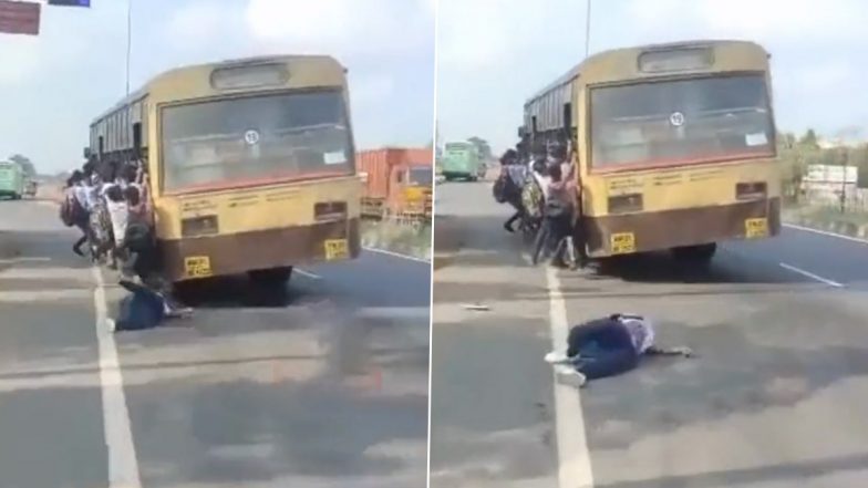 Students Cling On to Doors And Windows of School Bus in Tamil Nadu, One Narrowly Escapes Being Run Over After Fall; Watch Viral Video