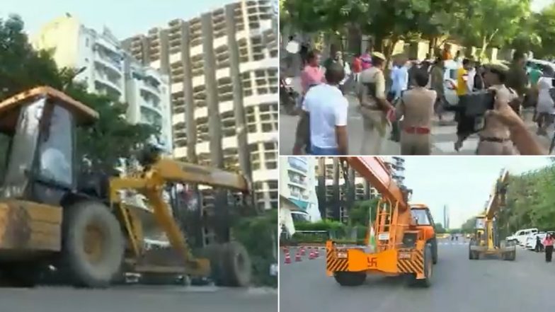 Supertech Twin Towers Demolition: Cops Announce to Vacate Area Around Noida’s Twin Towers As Cranes Arrive; Watch Video