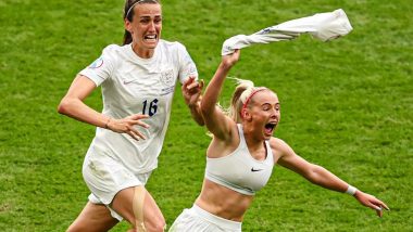 England Women’s Footballer Chloe Kelly Takes Off Her Shirt To Celebrate Title Winning Goal Against Germany During UEFA Women’s Euro 2022 Final (Watch Video)