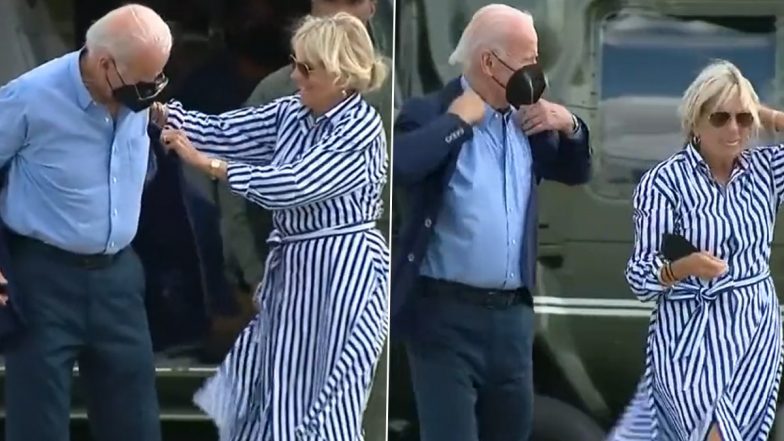 US President Joe Biden's Hands Get Stuck While Wearing His Jacket, Drops His Aviators (Watch Video)