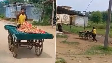 Madhya Pradesh Shocker: Man Carries Pregnant Wife to Hospital on Pushing Cart Due to Unavailability of Ambulance in Damoh (Watch Video)