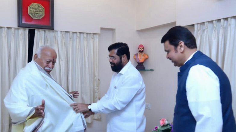 Maharashtra CM Eknath Shinde and Deputy CM Devendra Fadnavis Meets RSS Chief Mohan Bhagwat in Mumbai