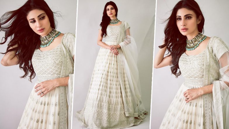 Mouni Roy Looks Ethereal in an All-White Gorg Anarkali Set for Gokul Ashtami Celebrations (View Pics)