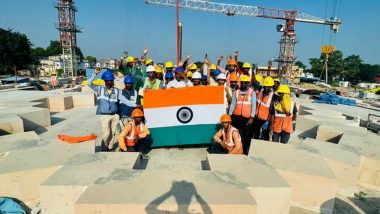 Har Ghar Tiranga: National Flag Hoisted in Ram Janmabhoomi Temple Complex in Ayodhya Ahead of 75th Independence Day