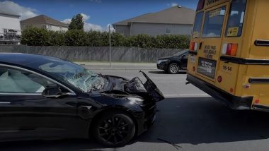 Tesla Model 3 Car Backed Over and Crushed by School Bus in US (Watch Video)