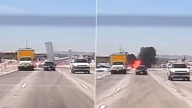 California: Plane Clashes on Freeway in Corona, Bursts Into Flames After Hitting Truck (Watch Video)