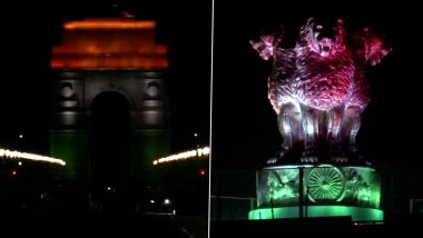 Independence Day 2022: Delhi’s India Gate, Bronze National Emblem Cast on Roof of New Parliament Building Gleam in Tricolour on Eve of I-Day (See Pics)