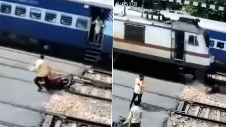 Biker Narrowly Escapes Speeding Jharkhand Swarna Jayanti Express As Train Crushes Motorcycle Into Pieces (Watch Video)