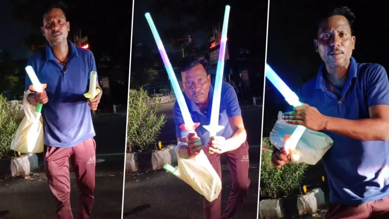 WATCH: Video of Delhi Man Selling Laser Sword Goes Viral After His Acrobatic Moves and Funny Expressions Leave the Internet in Hysterics!