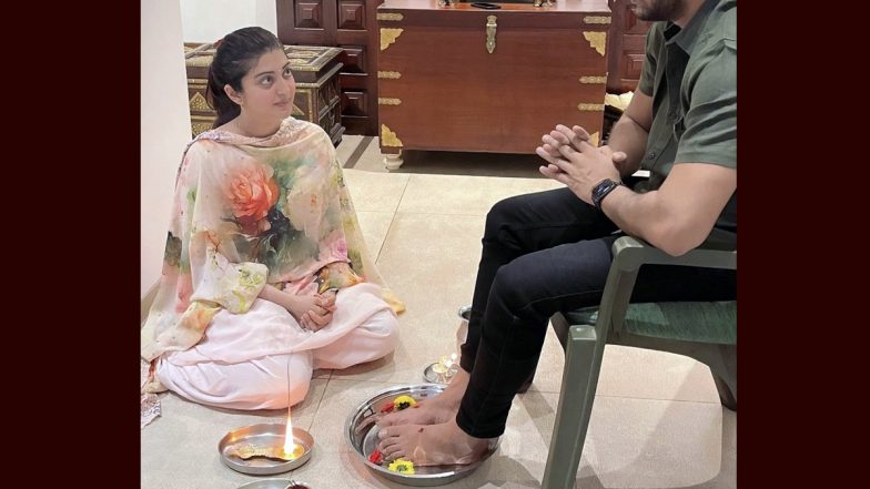 Pranitha Subhash Sitting Near Her Husband’s Feet During ‘Bheemana Amavasya’ Ritual Sparks Controversy on Twitter; Pics Go Viral!