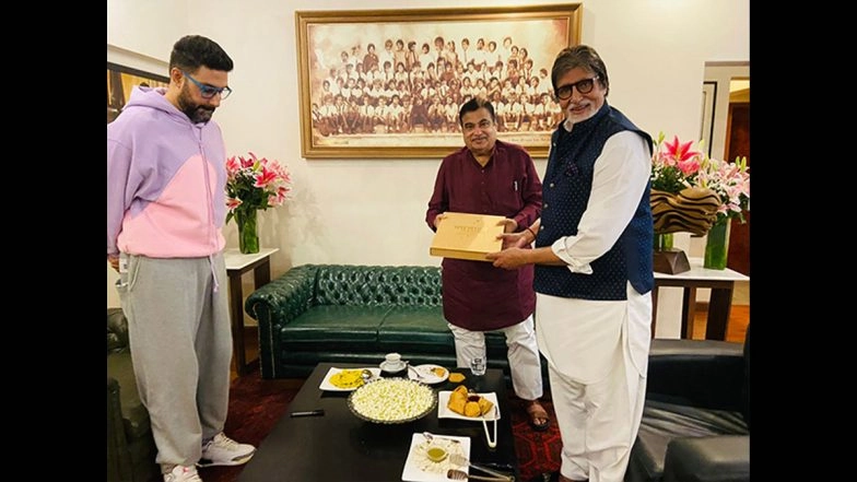 Big B, Abhishek Bachchan Meet Union Minister Nitin Gadkari to Support National Road Safety Mission