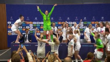 UEFA Women’s Euro 2022 Final: England Players Gatecrash Coach Sarina Wiegman’s Press Conference With ‘Football’s Coming Home’ Song After Title Win (Watch Video)