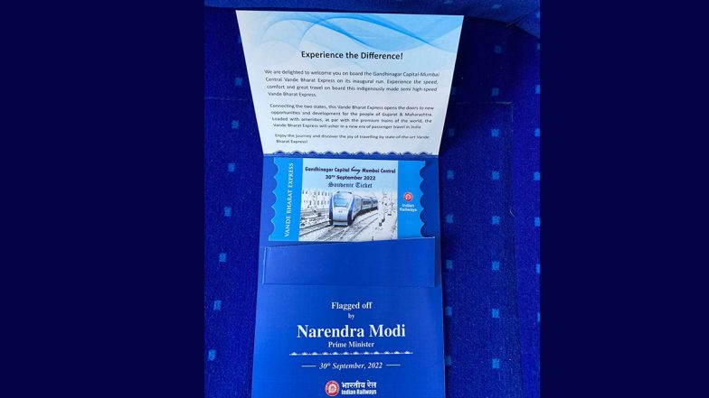 PM Narendra Modi Takes a Ride On Board Vande Bharat Express From Gandhinagar to Ahmedabad, Check His Ticket (Watch Video)