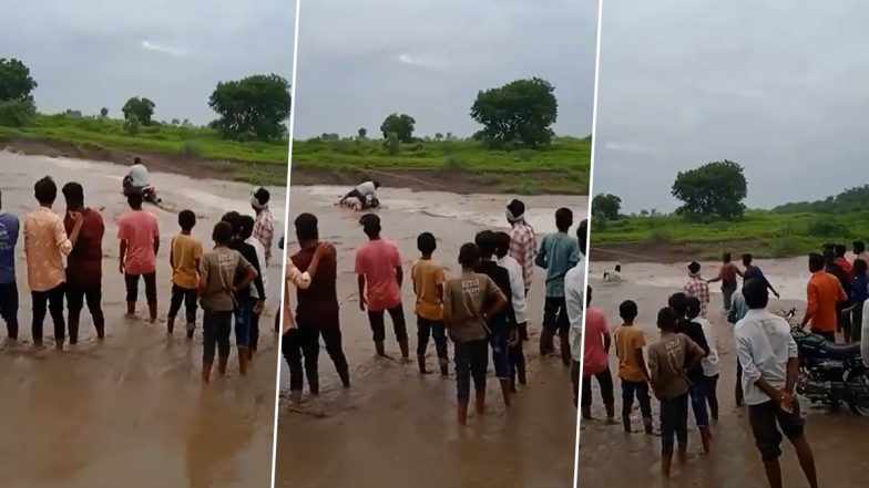 Video: Man Swept Away With Bike by Swollen River in Akola, Saved