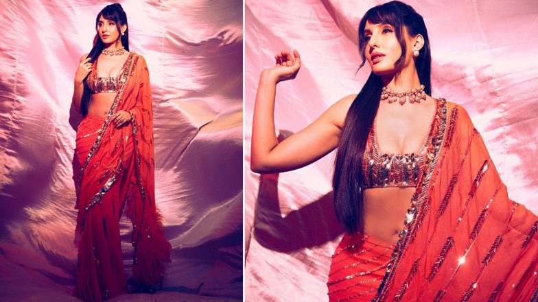 Nora Fatehi Is Hotness Personified in Orange Sequinned Saree, View Pics of Gorgeous Actress